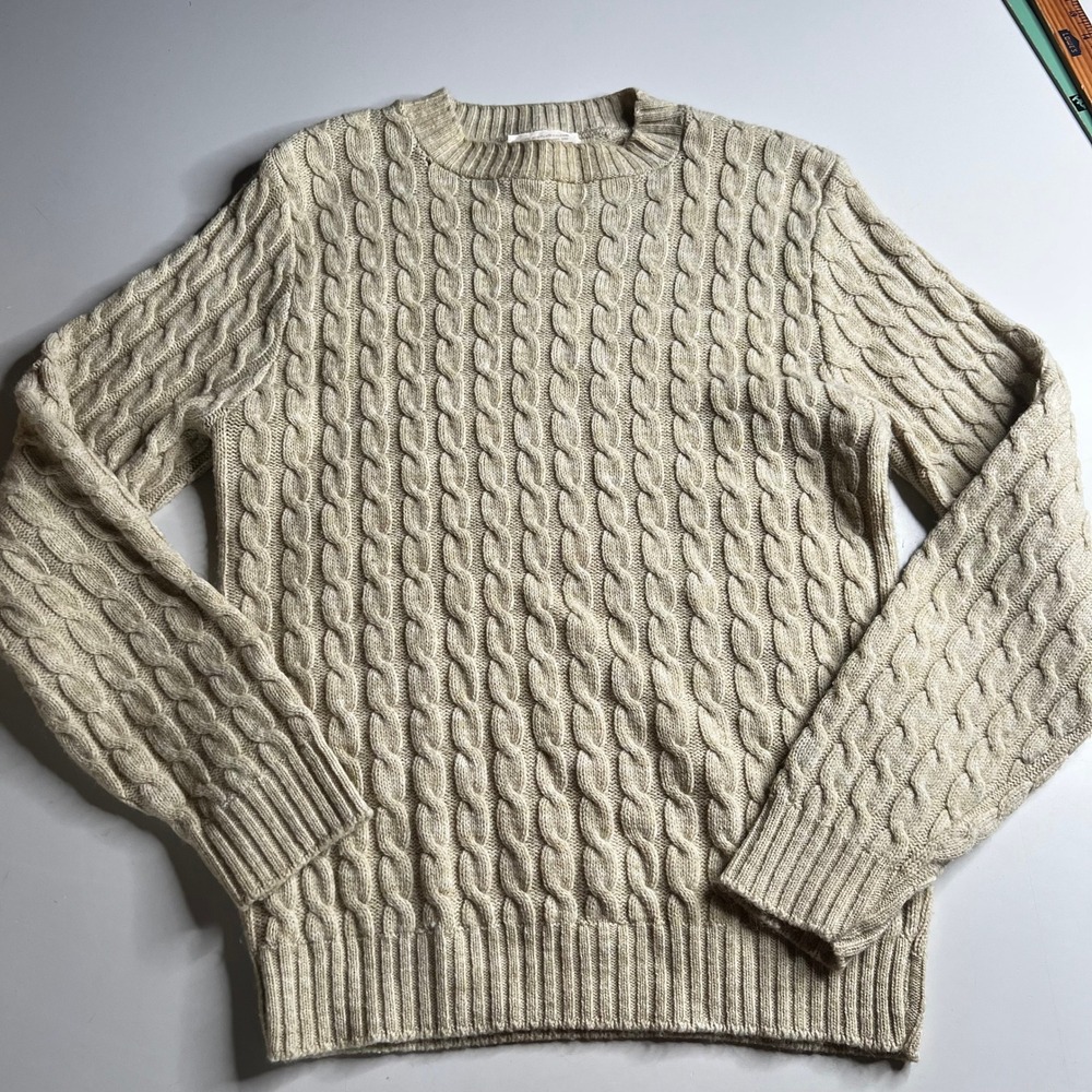 Vintage Lord Jeff Mens Medium Cable Knit Sweater Cream Orlon 70s Made in USA